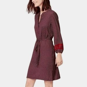 LOFT Burgundy Polka Dot Long Sleeve Dress with Red Accent